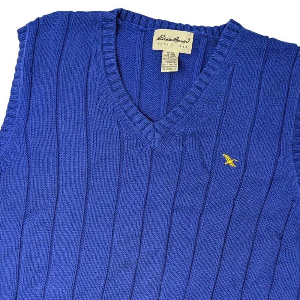 Eddie Bauer Mens Blue Cotton Ribbed V-Neck Sweater Vest Goose Logo Large